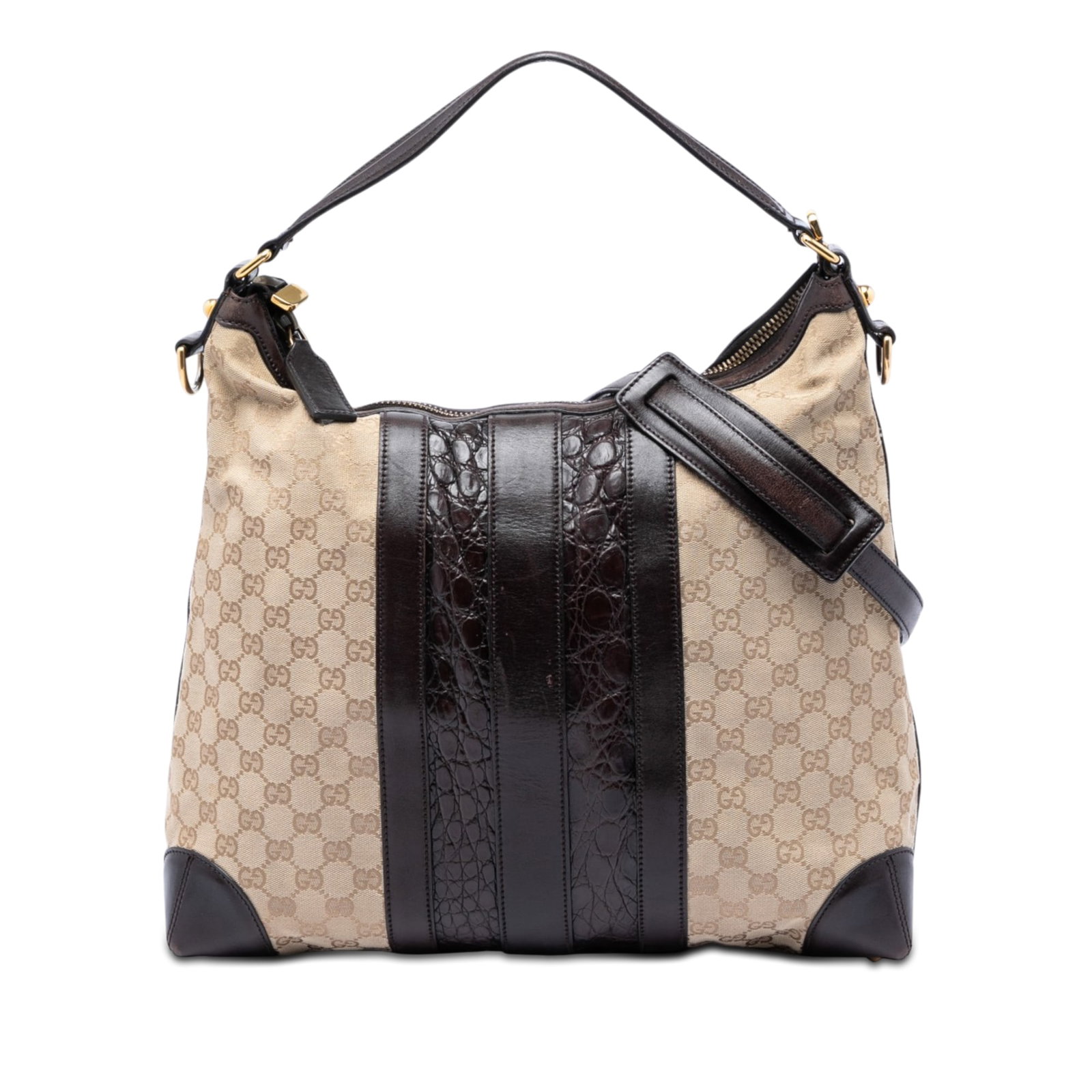 Gucci Secret Satchel Beige GG Canvas Croc Embossed Calfskin Bag: Gucci Secret Satchel Beige GG Canvas Croc Embossed Calfskin Bag Gucci Secret Satchel in GG canvas with crocodile-embossed calfskin trim. This satchel features a flat leather handle, a detachable flat 