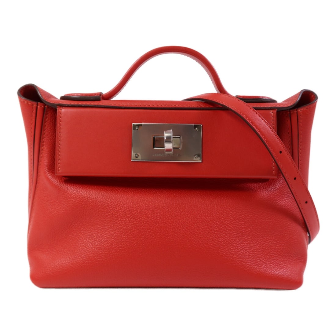 Hermes 24 24 Mini Red Calfskin 2 Way Shoulder Bag: Hermes 24 24 Mini Red Calfskin 2 Way Shoulder Bag This Hermes 24/24 Mini 2-way shoulder bag features a stylish red exterior crafted from Evercolor and Swift calfskin leather. Designed for versatility,