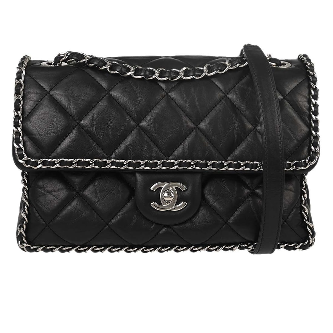 Chanel Around Chain medium black calfskin flap shoulder bag: Chanel Around Chain medium black calfskin flap shoulder bag Medium Chanel shoulder bag in black calfskin with an all-over chain design and flap front with turn-lock closure. This women's bag is made i