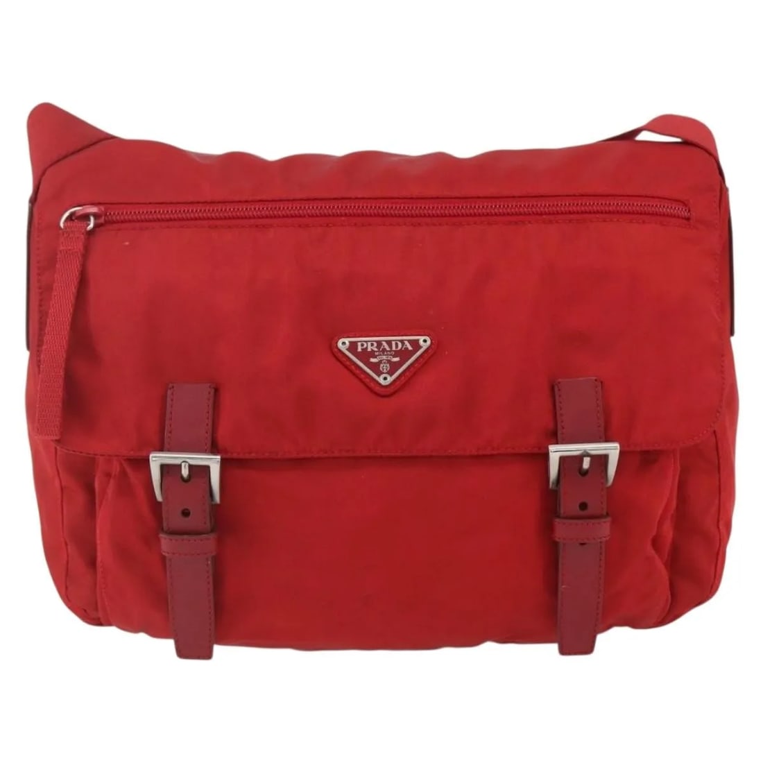 Red Nylon Prada Messenger Bag with Zip Buckle Design: Red Nylon Prada Messenger Bag with Zip Buckle Design This Prada Zip Buckle Messenger Bag features a durable red nylon exterior and is designed for unisex use. The bag includes a shoulder strap and met