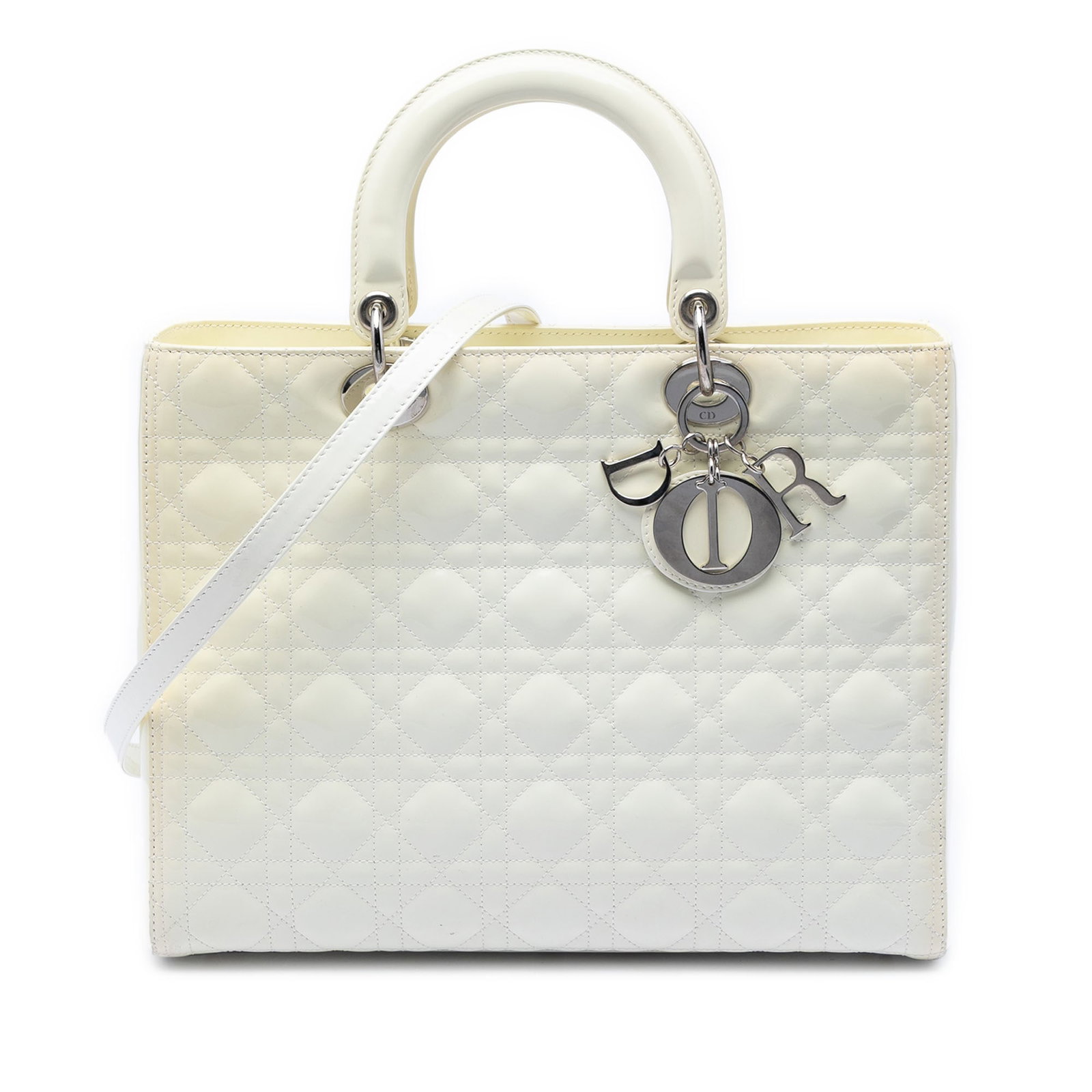Dior Lady Dior Large White Lambskin Cannage Bag: Dior Lady Dior Large White Lambskin Cannage Bag This Lady Dior handbag features a quilted lambskin leather exterior in white, complemented by flat top handles and a detachable flat leather strap. It i