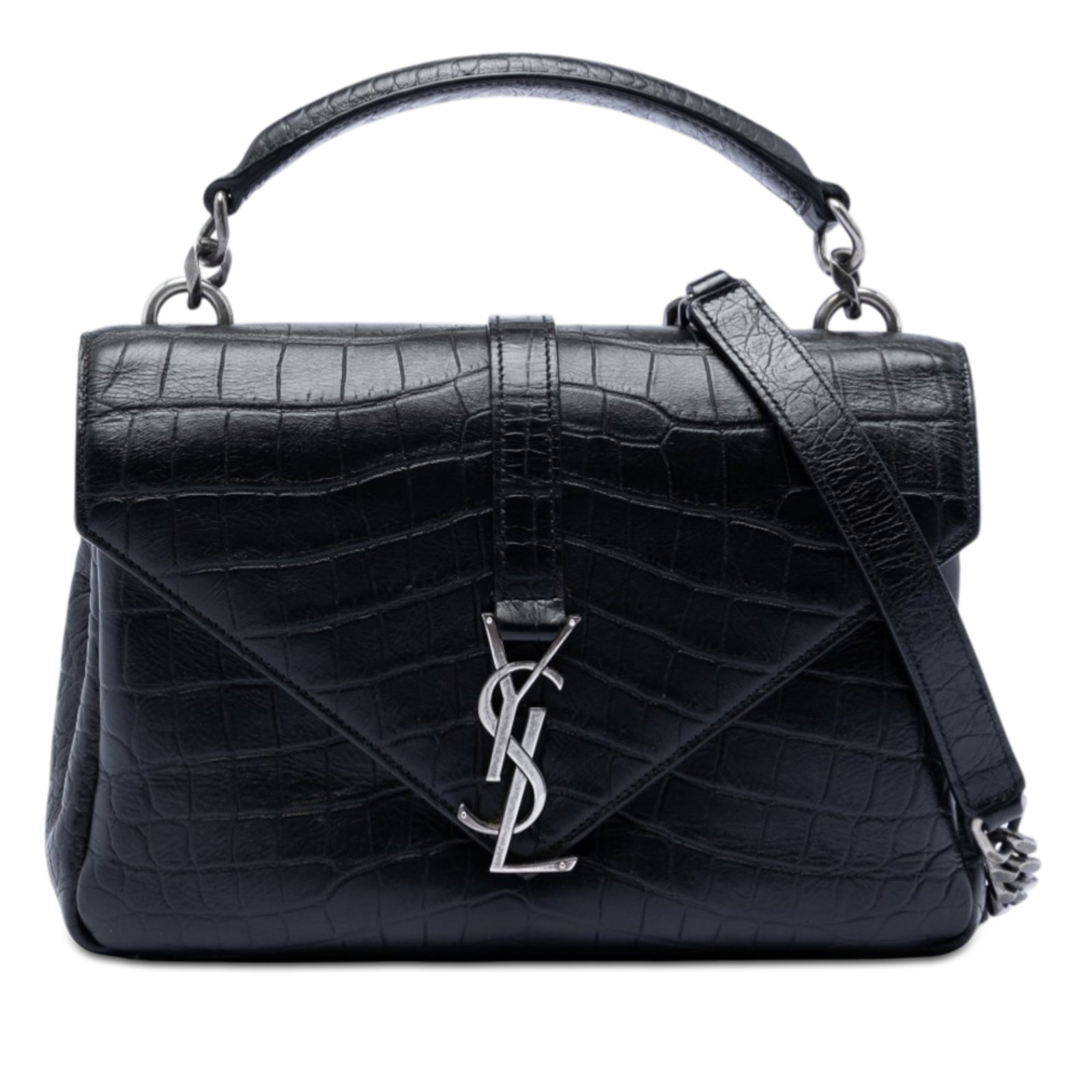 Saint Laurent College Satchel Medium Croc Embossed Black Leather Bag: Saint Laurent College Satchel Medium Croc Embossed Black Leather Bag This Saint Laurent Medium College Satchel features black croc-embossed leather with a structured silhouette. It is designed with a 