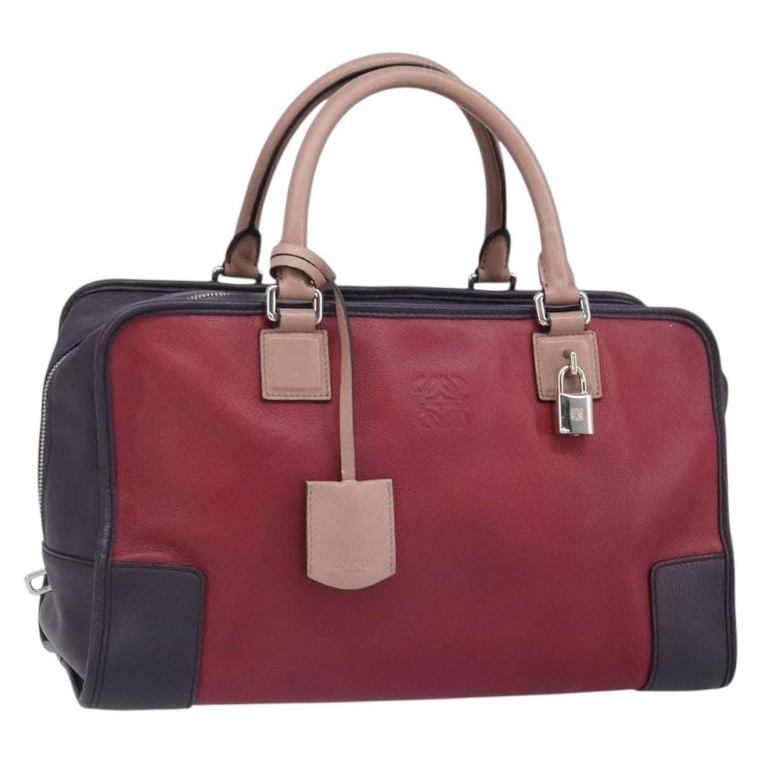 LOEWE Amazona 28 Leather Handbag Silver Pink with Dust Bag: LOEWE Amazona 28 Leather Handbag Silver Pink with Dust Bag LOEWE Amazona 28 handbag in silver and pink leather, made in Spain. This women's handbag includes a dust bag, padlock, two keys, and clochett
