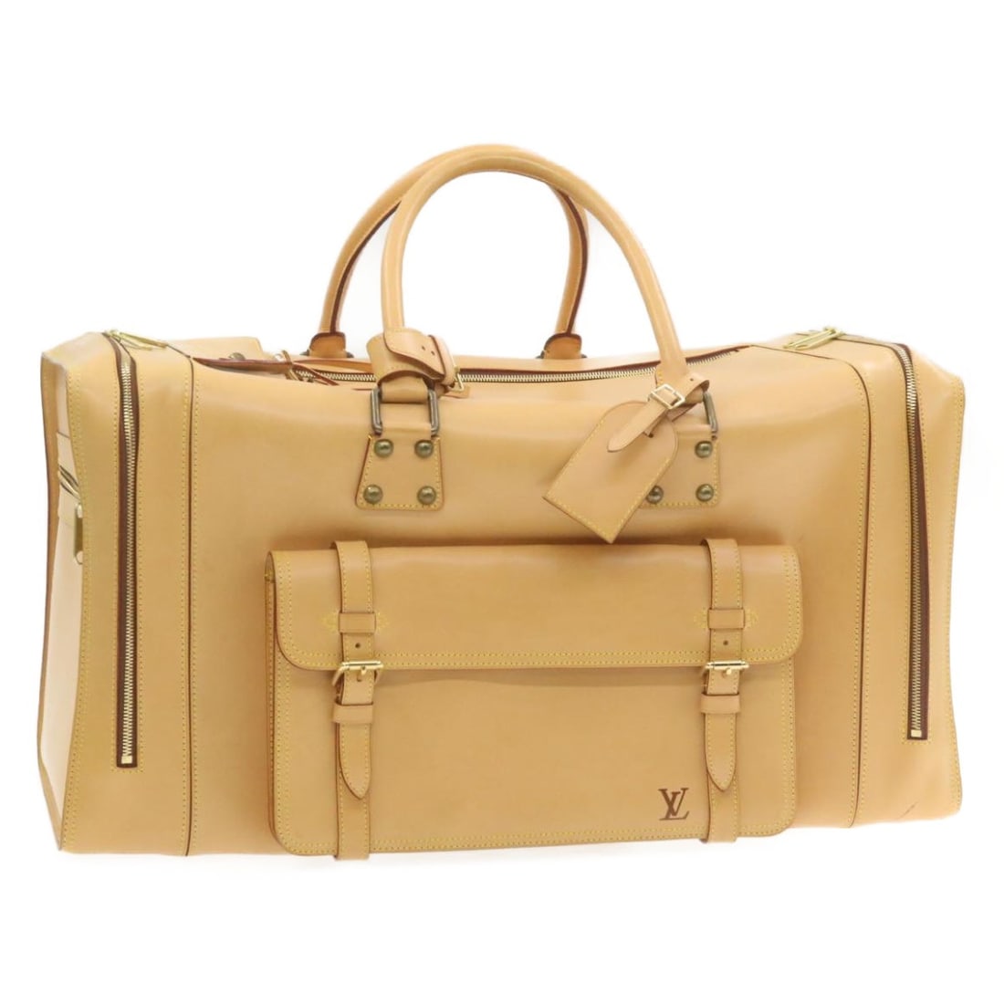 Louis Vuitton Nomade Leather Boston Bag Beige Special Order: Louis Vuitton Nomade Leather Boston Bag Beige Special Order Special order Louis Vuitton Boston bag in beige Nomade leather. This travel-style bag is made in France and includes a name tag and Powanie.