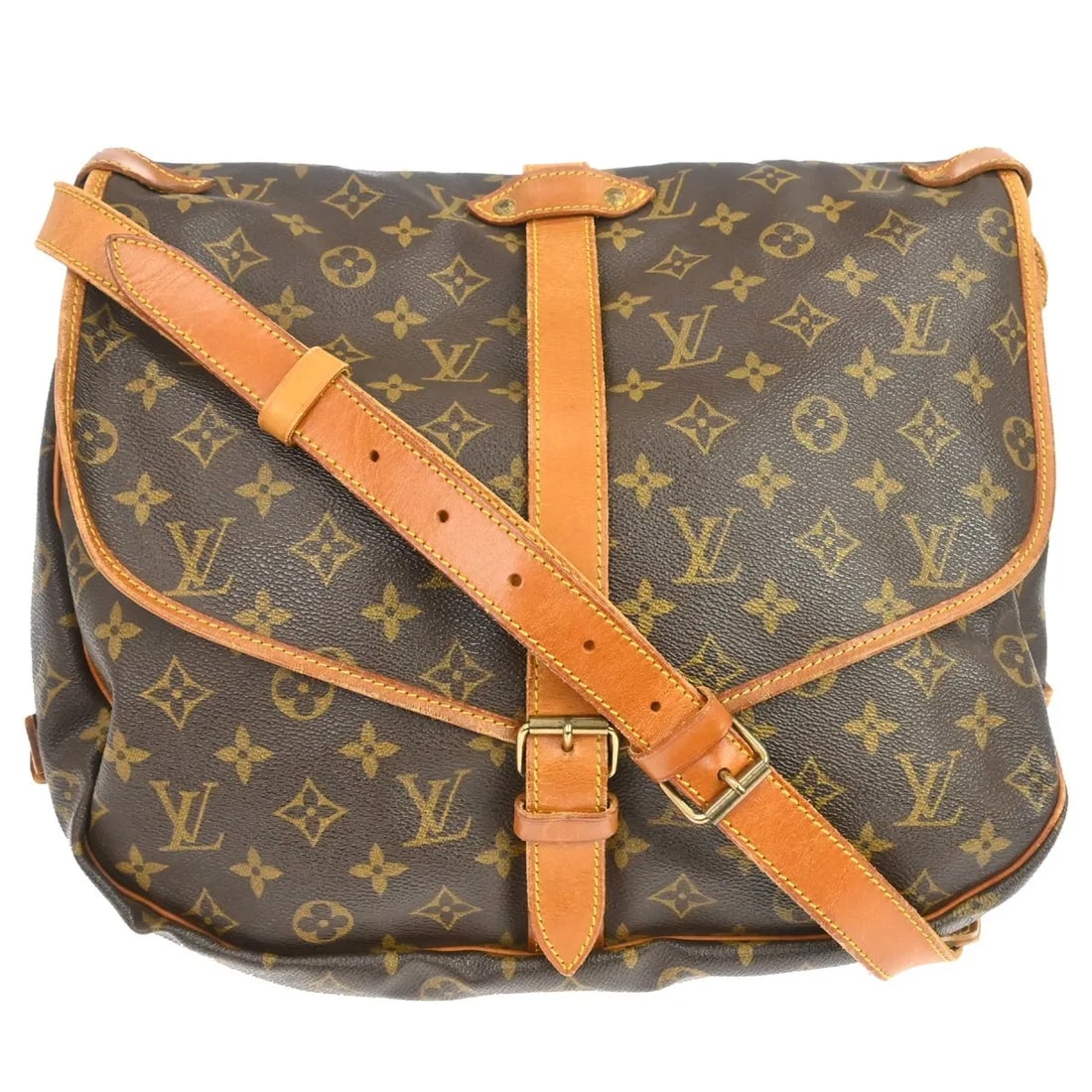 Louis Vuitton Saumur Unisex Brown Monogram Canvas Shoulder Bag: Louis Vuitton Saumur Unisex Brown Monogram Canvas Shoulder Bag Louis Vuitton Saumur in brown monogram canvas. This unisex bag is in good overall condition, with scuffs and scratches on the exterior le