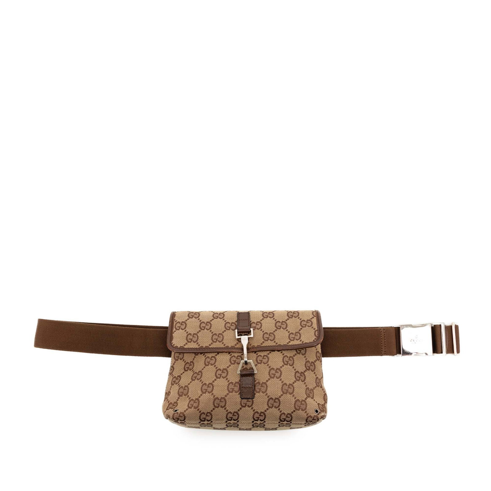 Gucci Jackie GG Canvas Waist Bag with Leather Trim: Gucci Jackie GG Canvas Waist Bag with Leather Trim Gucci GG Canvas Jackie belt bag crafted with a canvas body and leather trim. It features a flat waist strap, a front flap with a lobster claw clasp c
