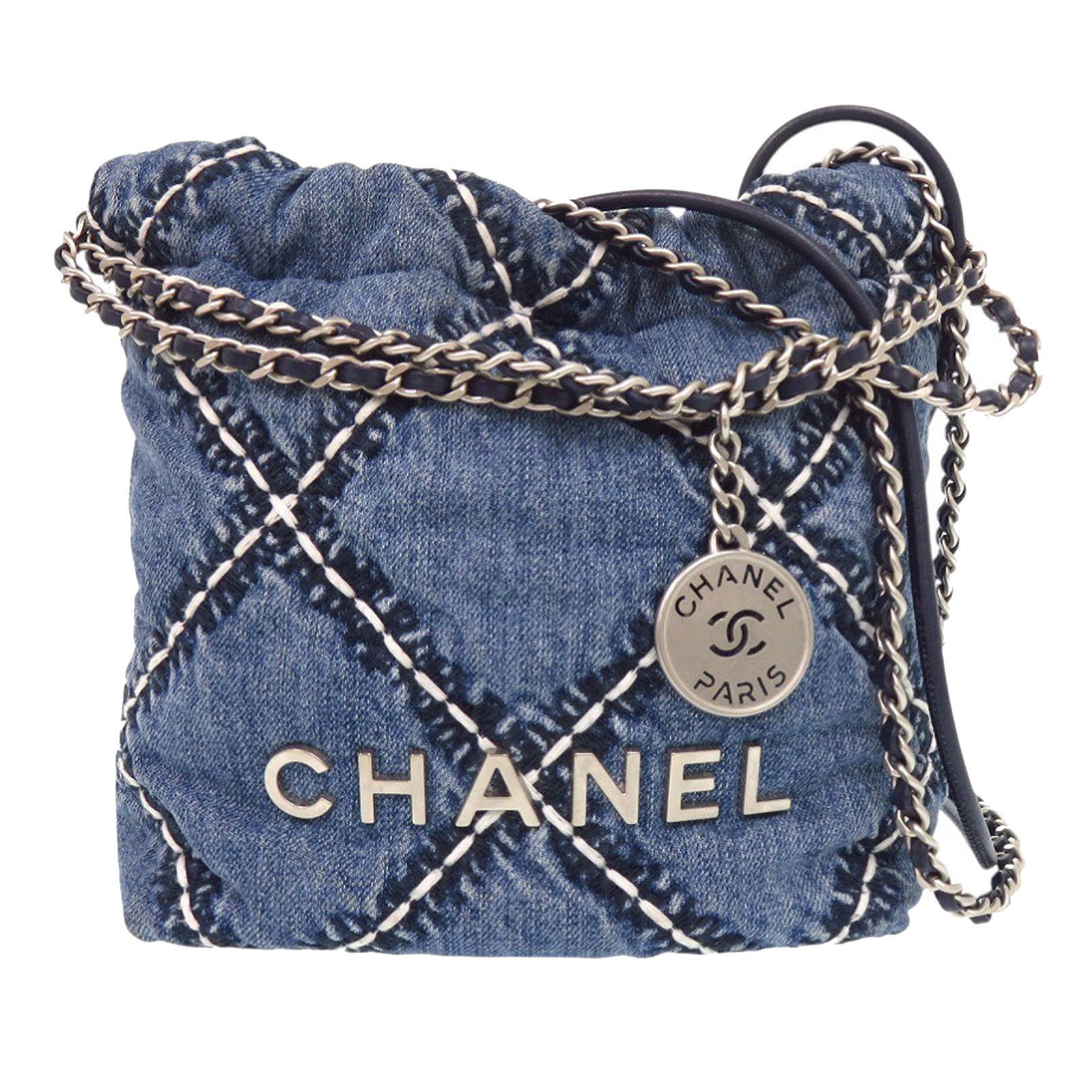 Chanel Mini Stitched 22 Denim Satchel Bag: Chanel Mini Stitched 22 Denim Satchel Bag A Chanel Mini Denim Stitched 22 handbag crafted with a denim body and detailed stitching. This satchel features a leather-woven chain link handle, leather and