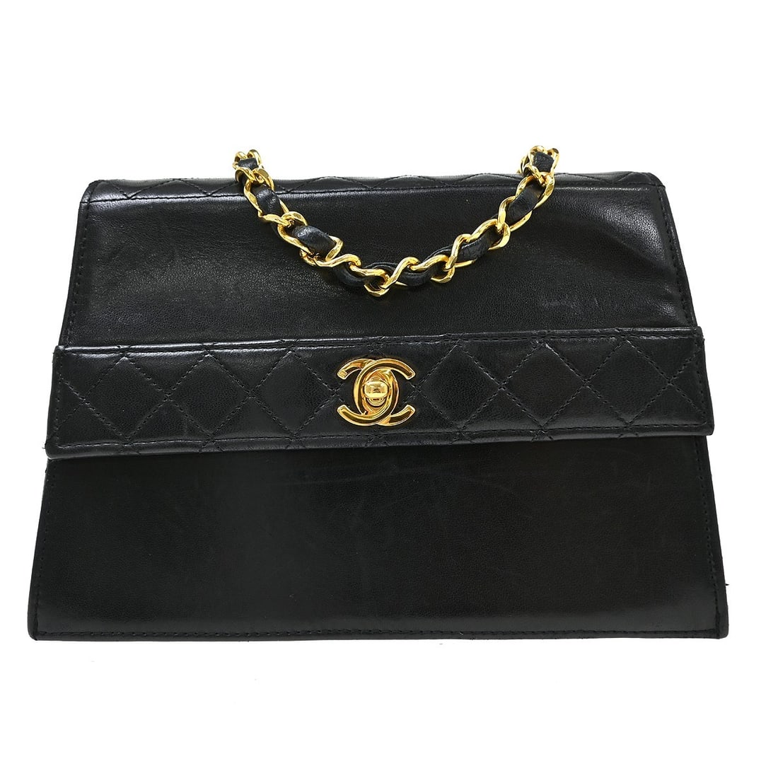 CHANEL Straight Flap Shoulder Bag Black Quilted Lambskin: CHANEL Straight Flap Shoulder Bag Black Quilted Lambskin Chanel Straight Flap shoulder bag in black lambskin with a quilted matelasse finish and chain shoulder strap. This medium bag features a turn-l