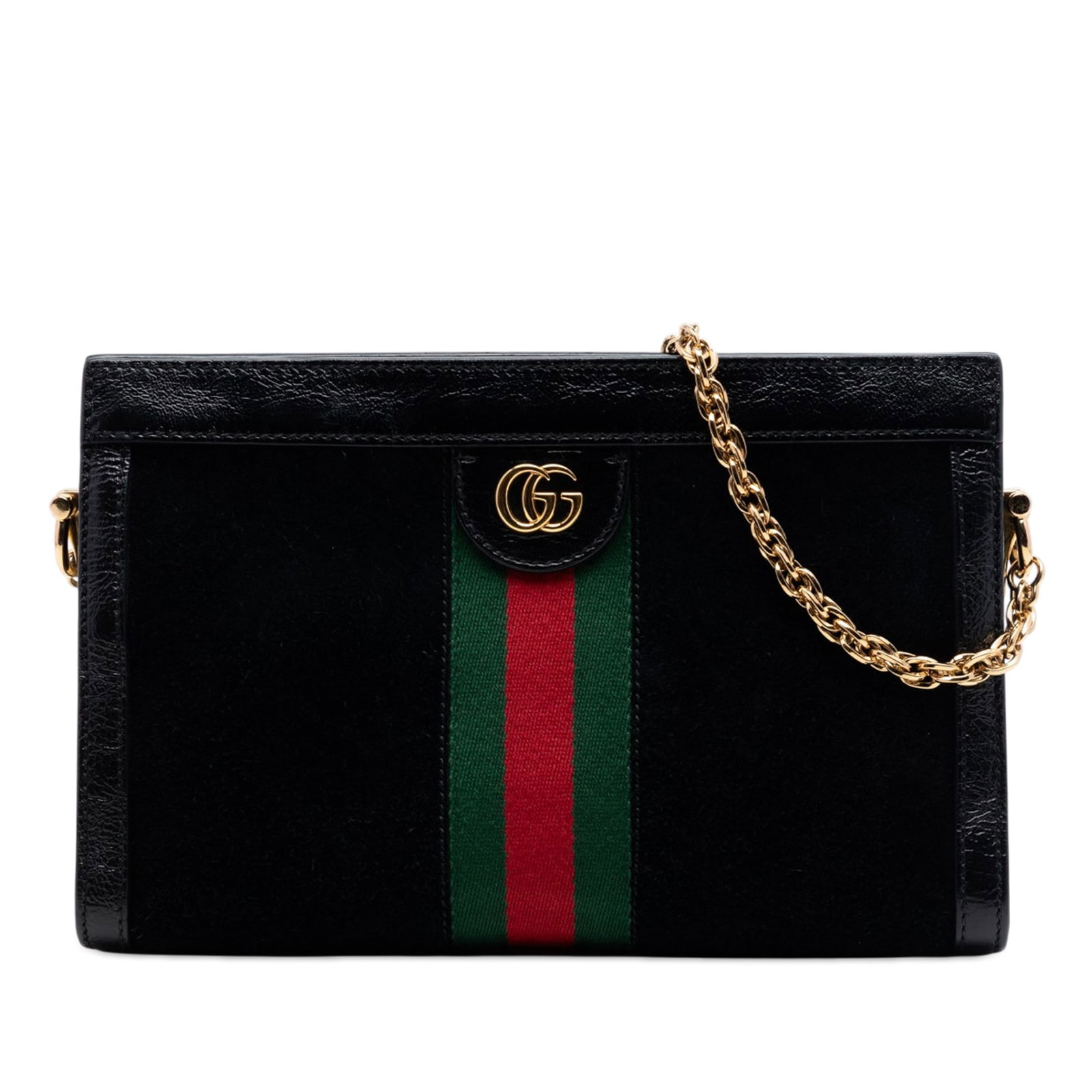 Gucci Ophidia Small Chain Crossbody Bag in Black Suede: Gucci Ophidia Small Chain Crossbody Bag in Black Suede Small Gucci Ophidia crossbody bag crafted with a suede body and leather trim. It features a chain link shoulder strap, top magnetic snap closures