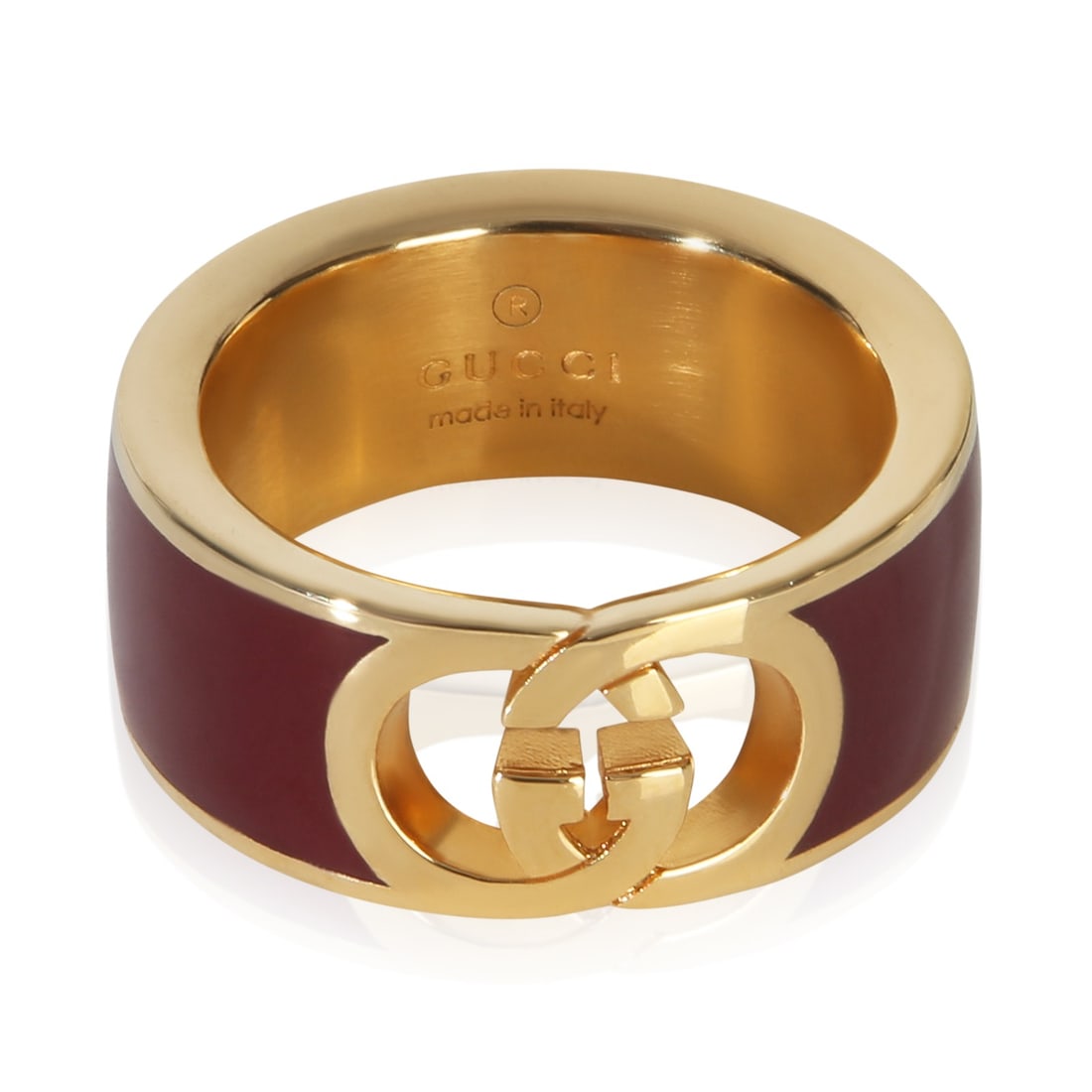 Gucci Interlocking G Enamel Men's Gold Plated Ring Size 9: Gucci Interlocking G Enamel Men's Gold Plated Ring Size 9 Pre-owned men's Gucci Interlocking G Enamel ring in gold-plated metal. This ring features the Interlocking G Enamel design and comes without t