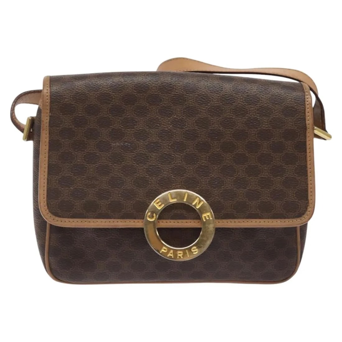 Celine Vintage Macadam Circle Logo Shoulder Bag Canvas Leather Brown: Celine Vintage Macadam Circle Logo Shoulder Bag Canvas Leather Brown This Celine Vintage Macadam Circle Logo Shoulder Bag features a classic unisex design in brown canvas with leather accents. The bag
