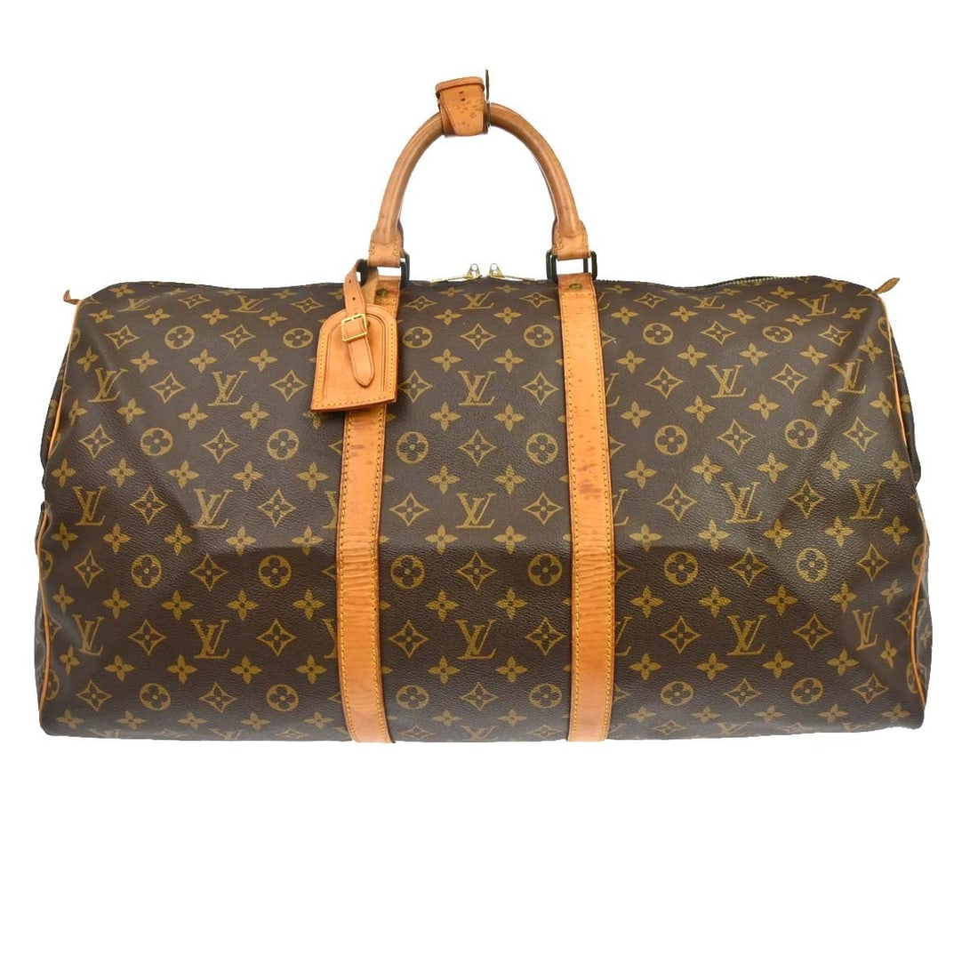 Louis Vuitton Keepall 55 Monogram Canvas Duffle Bag M41424: Louis Vuitton Keepall 55 Monogram Canvas Duffle Bag M41424 Vintage Louis Vuitton Keepall 55 travel handbag in brown Monogram canvas with leather trim and double handles. This extra large duffle-style 