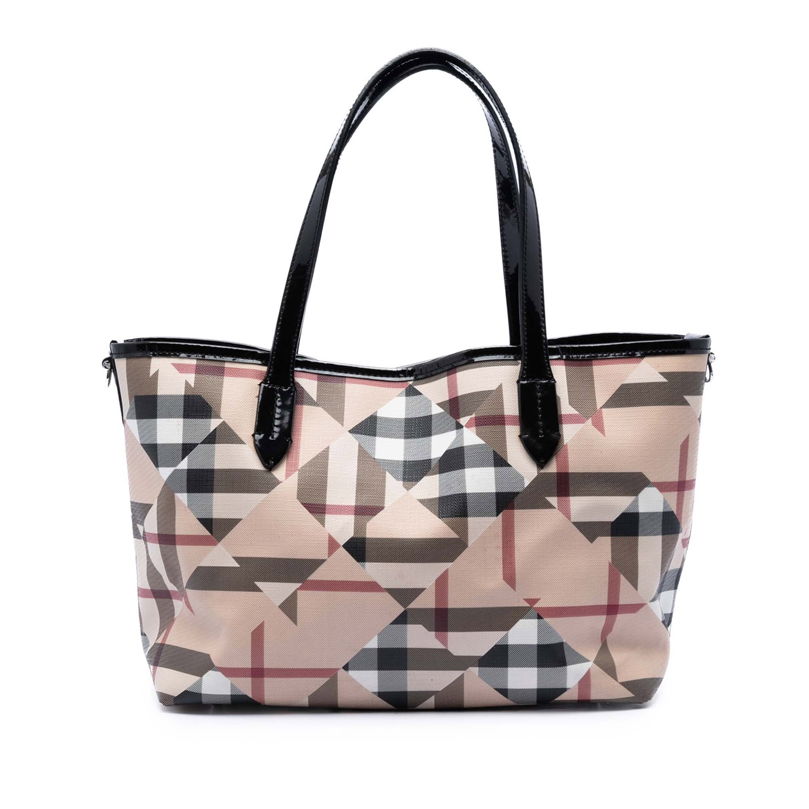 Burberry House Check Canvas Satchel with Pouch: Burberry House Check Canvas Satchel with Pouch This Burberry House Check satchel is crafted from coated canvas with leather trim and features flat patent leather handles. The bag has an open top