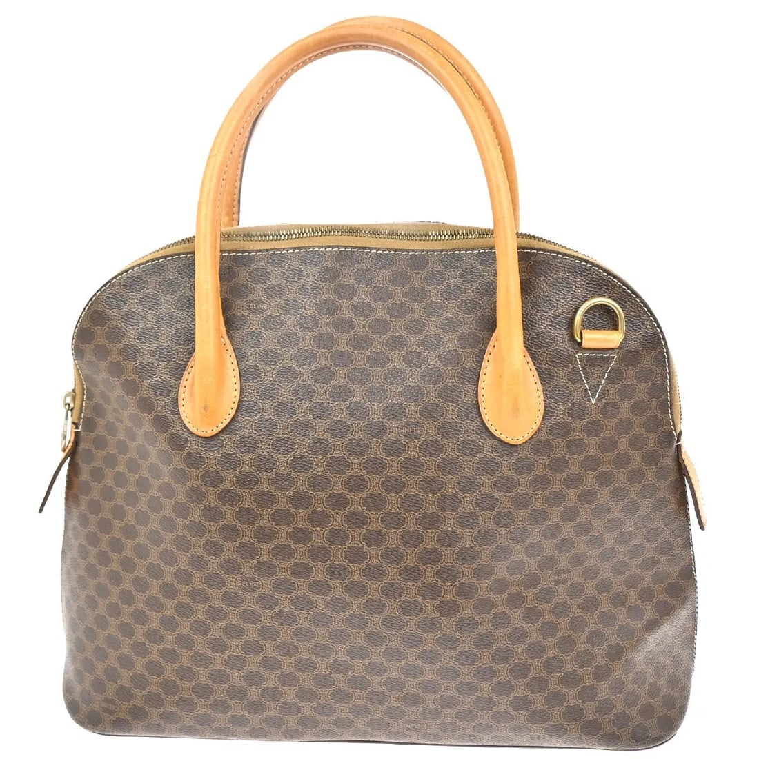 Celine Macadam Brown PVC Handbag with Leather Accents: Celine Macadam Brown PVC Handbag with Leather Accents This Celine Macadam handbag features the iconic Macadam pattern in brown PVC with leather accents. Designed for women, it offers a spacious interi