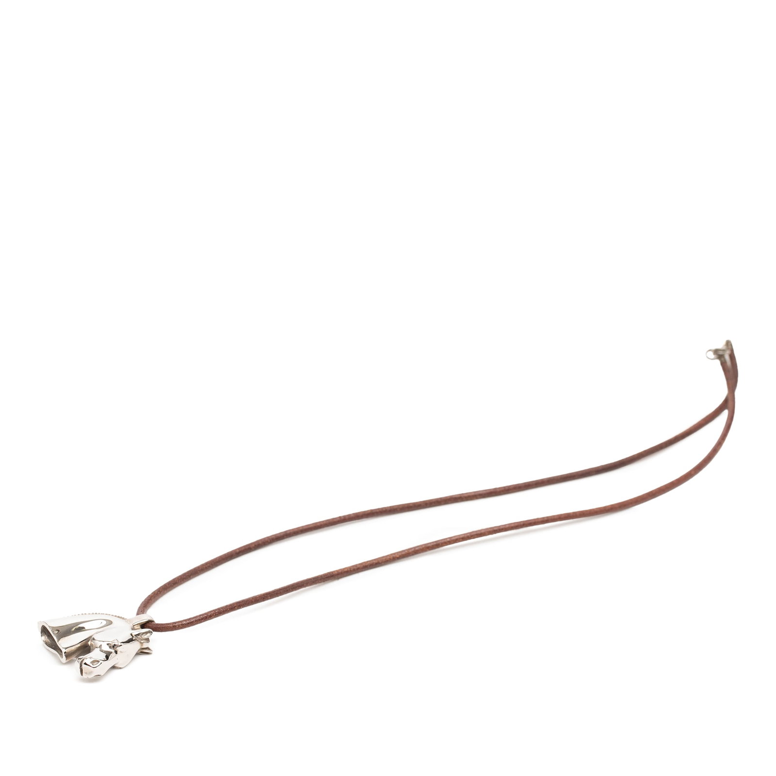 Hermes Horse Head Pendant Necklace Palladium Plated Leather Cord: Hermes Horse Head Pendant Necklace Palladium Plated Leather Cord This necklace features a leather cord paired with a palladium plated horse head pendant and is secured with a lobster clasp closure. Th