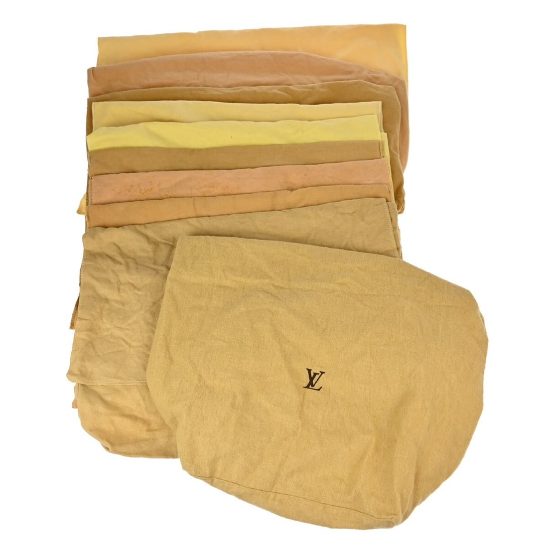 Set of 10 Louis Vuitton Cotton Dustbags Brown Beige: Set of 10 Louis Vuitton Cotton Dustbags Brown Beige Set of 10 Louis Vuitton dust bags in brown and beige cotton. These unisex dustbags show overall signs of use with reasonable wear and tear. Sizes va