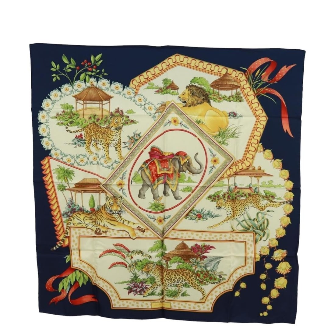 Salvatore Ferragamo Silk Scarf Featuring Wild Cats Navy 35.4 Inch Square: Salvatore Ferragamo Silk Scarf Featuring Wild Cats Navy 35.4 Inch Square This Salvatore Ferragamo women's scarf features a striking animal motif, including elephant, cheetah, lion, jaguar, leopard, an