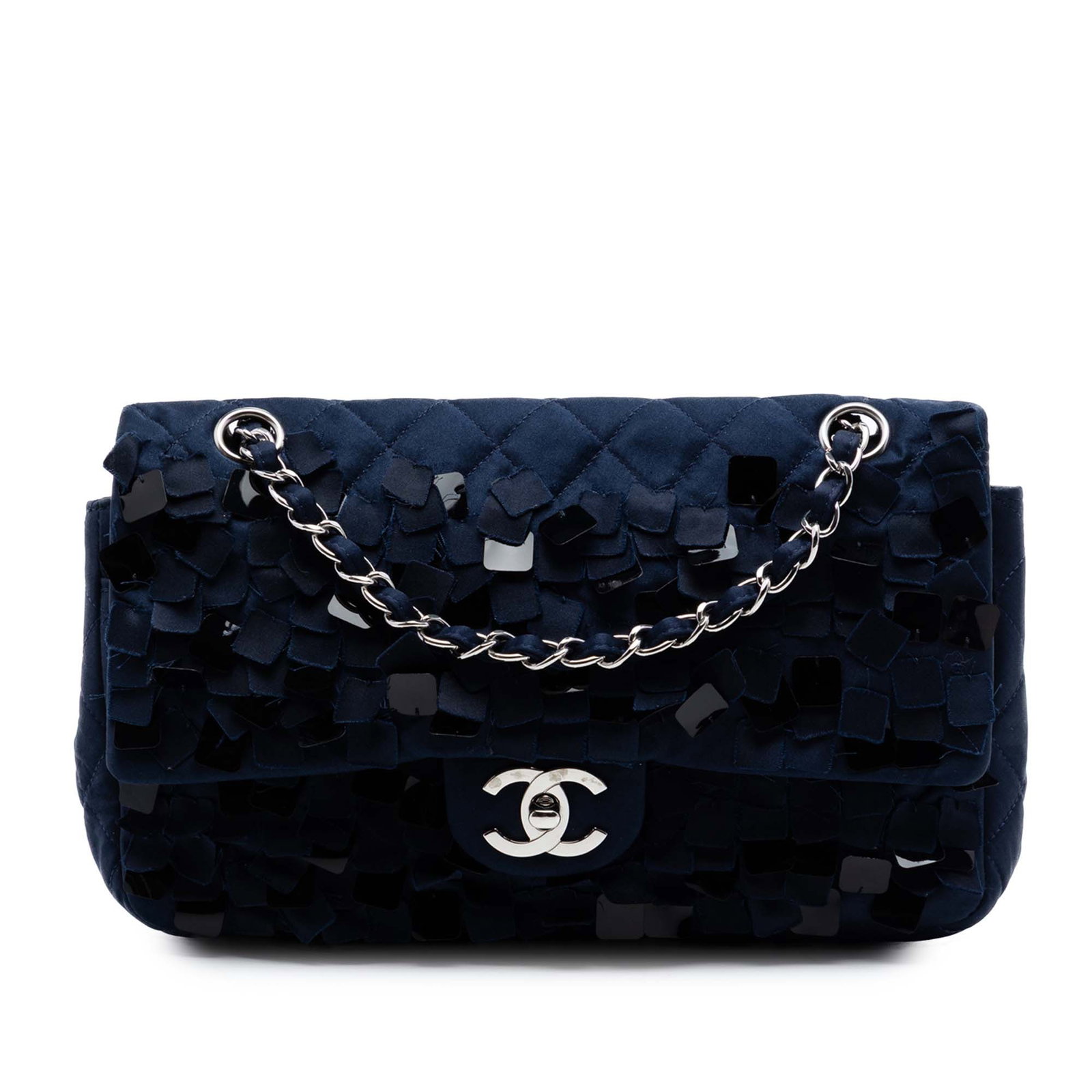 Chanel blue satin paillette double flap shoulder bag: Chanel blue satin paillette double flap shoulder bag This Chanel Medium Classic Double Flap shoulder bag features a quilted blue satin body adorned with paillette embellishments on the front. It is de