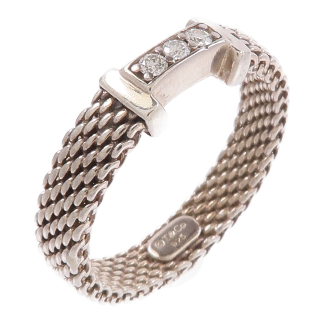 Tiffany Co 925 Sterling Silver Diamond Triple Ring US 4.75: Tiffany Co 925 Sterling Silver Diamond Triple Ring US 4.75 This Tiffany & Co. triple diamond ring features a sleek design crafted from 925 sterling silver. The ring is set with clear diamonds and is s