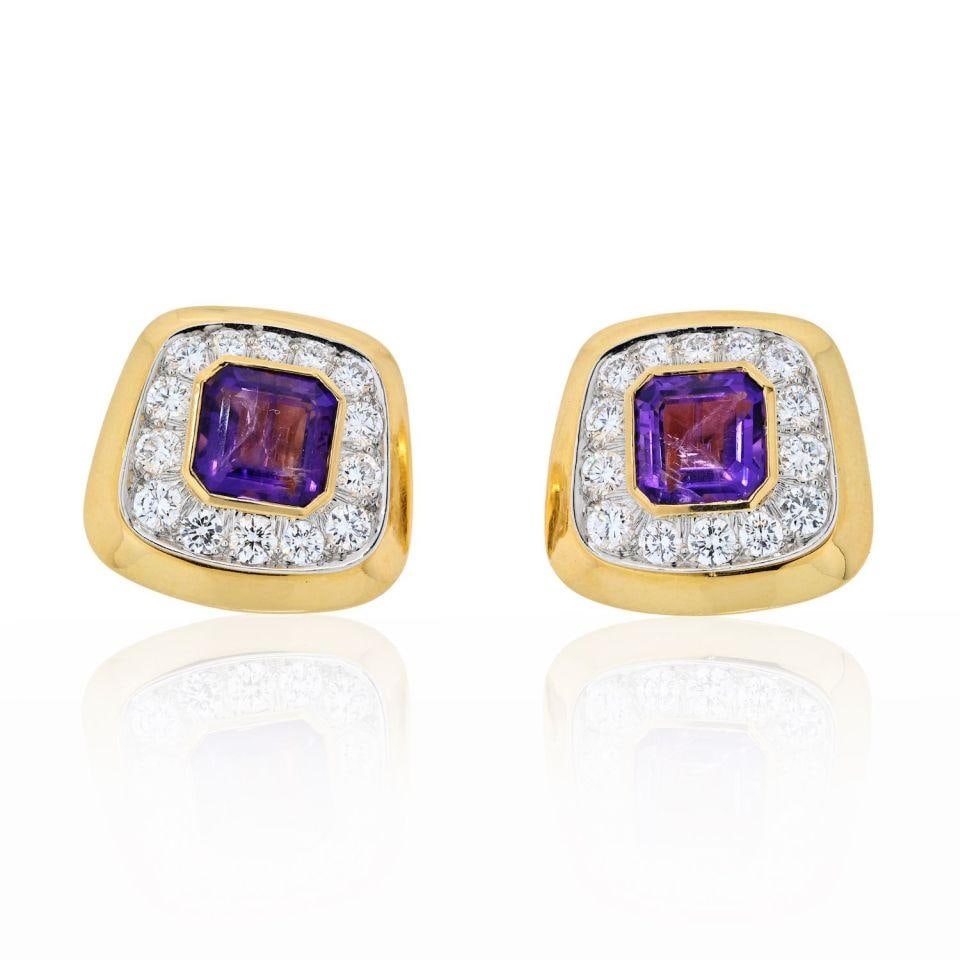 David Webb Platinum 18K Yellow Gold Amethyst Diamond Clip-On Earrings: David Webb Platinum 18K Yellow Gold Amethyst Diamond Clip-On Earrings Elevate your style with these exquisite David Webb clip-on earrings, crafted in a stunning combination of platinum and 18K yellow 