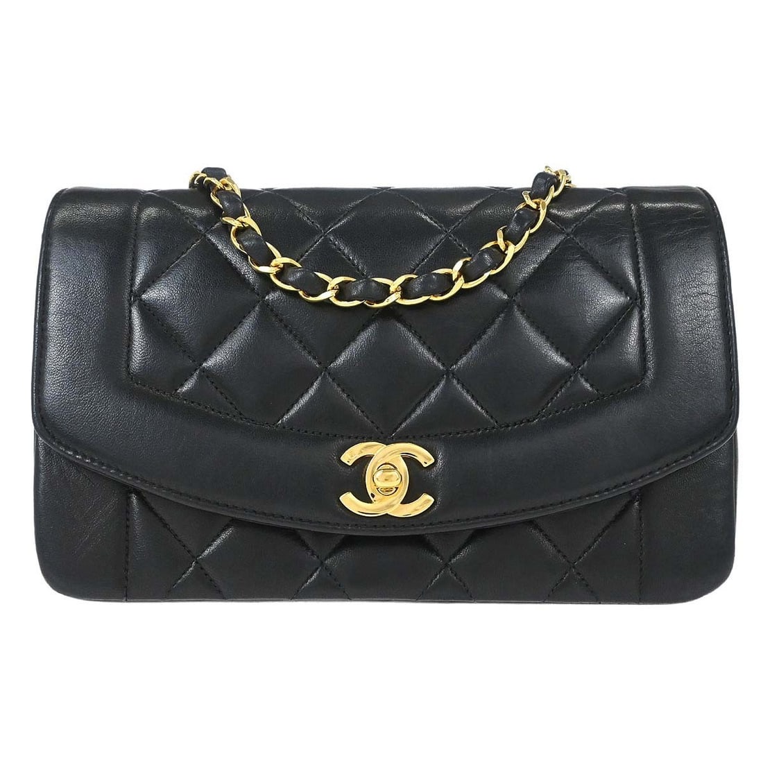 CHANEL Diana Small Black Lambskin Chain Shoulder Bag: CHANEL Diana Small Black Lambskin Chain Shoulder Bag Chanel Small Diana shoulder bag in black lambskin leather with a matelasse quilted exterior, flap turnlock closure, and single chain shoulder strap
