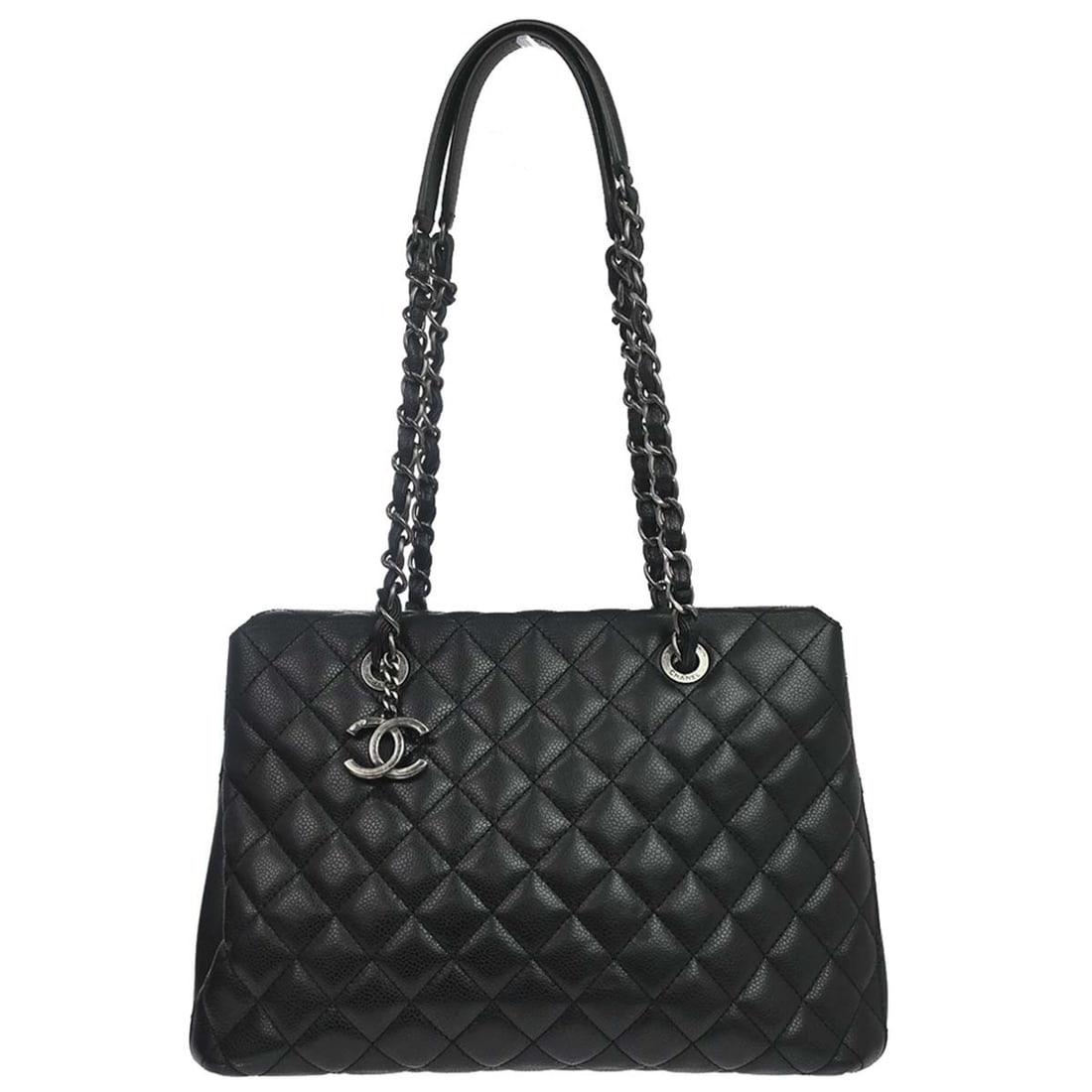 CHANEL Rock In Rome Caviar Leather Tote Bag with Chain Strap: CHANEL Rock In Rome Caviar Leather Tote Bag with Chain Strap Chanel black caviar skin leather tote handbag with quilted detailing, chain straps, and multiple pockets. This women's medium tote is made 