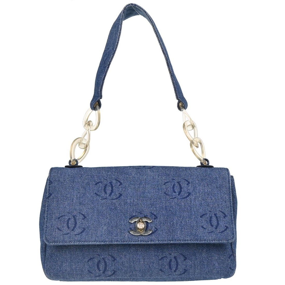 CHANEL Medium Blue Denim Top Handle Bag Turn Lock: CHANEL Medium Blue Denim Top Handle Bag Turn Lock Blue denim Chanel top handle handbag with a turn-lock closure and medium-size silhouette. The exterior shows scuffs and has one outside pocket, while 