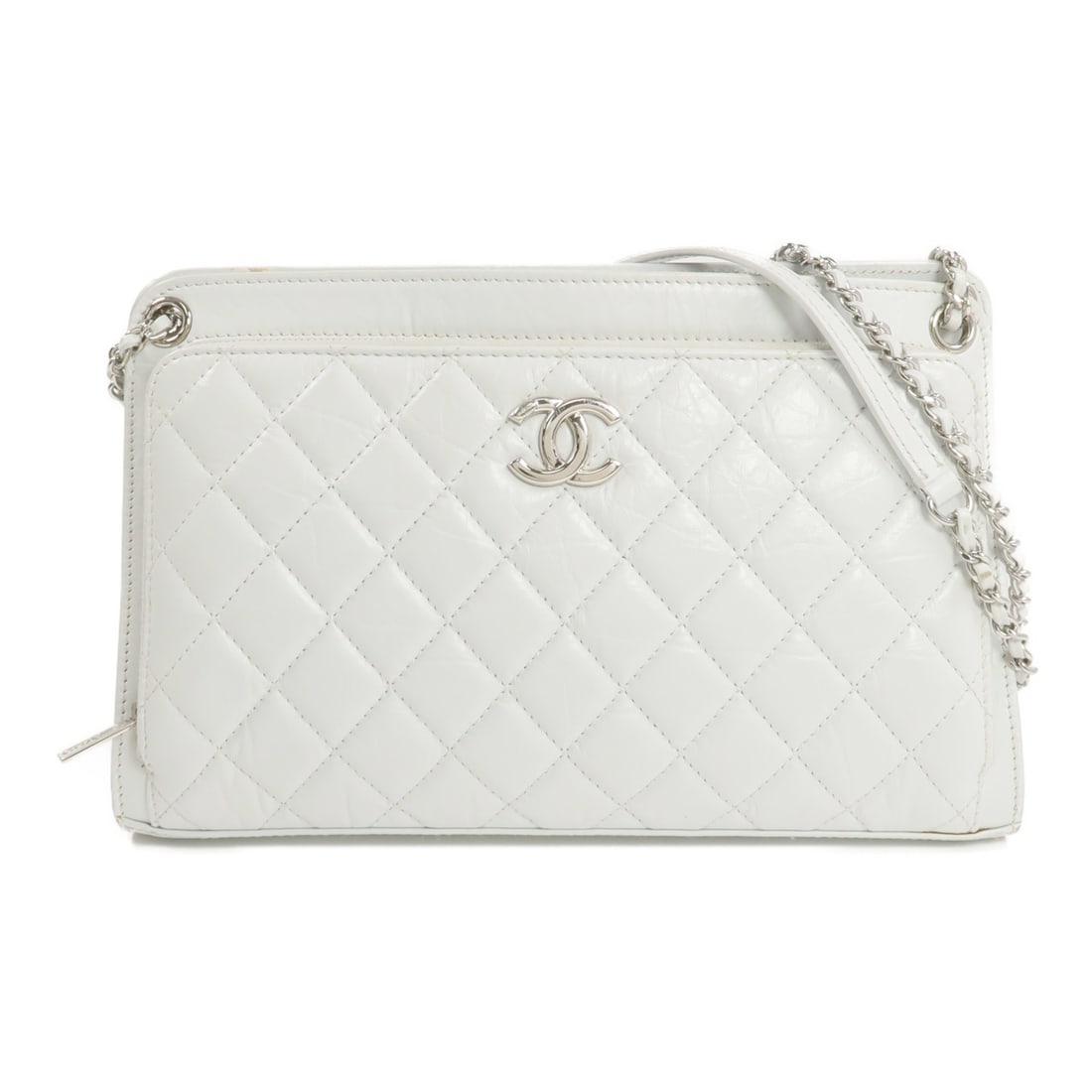 Chanel Ice Blue Calfskin Leather Shoulder Bag with Silver Tone Chain: Chanel Ice Blue Calfskin Leather Shoulder Bag with Silver Tone Chain This CHANEL CC chain shoulder bag is crafted from calfskin leather in an elegant ice blue color. Designed for women, it features a 