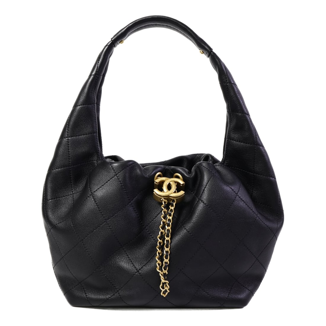 Black Calfskin CHANEL Hobo Shoulder Bag GHW: Black Calfskin CHANEL Hobo Shoulder Bag GHW This CHANEL CC Hobo Shoulder Bag is crafted from black calfskin leather and features gold-tone hardware. Designed for women, it offers a compact and elegant