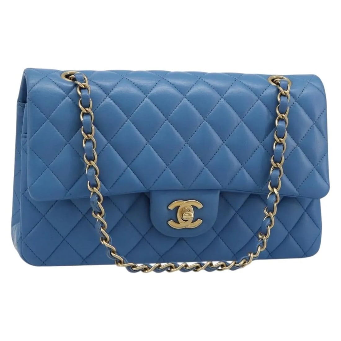 Chanel Matelasse 25 Double Flap Bag Blue Lambskin: Chanel Matelasse 25 Double Flap Bag Blue Lambskin Chanel Matelasse Lambskin Double Flap 25 in blue leather, presented in excellent pre-owned condition. The bag is beautifully maintained with a clean, 
