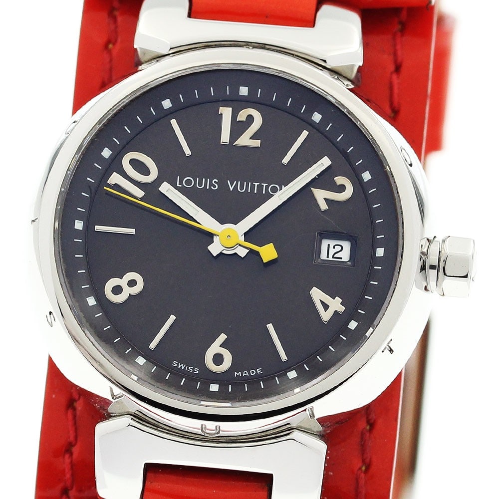 Louis Vuitton Tambour Q1211 Quartz Date Womens Wristwatch: Louis Vuitton Tambour Q1211 Quartz Date Womens Wristwatch This Louis Vuitton Tambour Date Quartz women's wristwatch features a stainless steel case with a brown dial and a leather strap. The watch is 