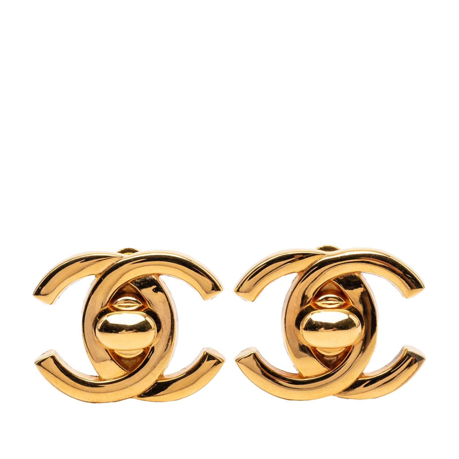 Chanel CC Gold Plated Clip On Earrings: Chanel CC Gold Plated Clip On Earrings These Chanel earrings are crafted from gold plated metal and feature the iconic CC turn lock design. They are designed with clip-on back closures for comfortable