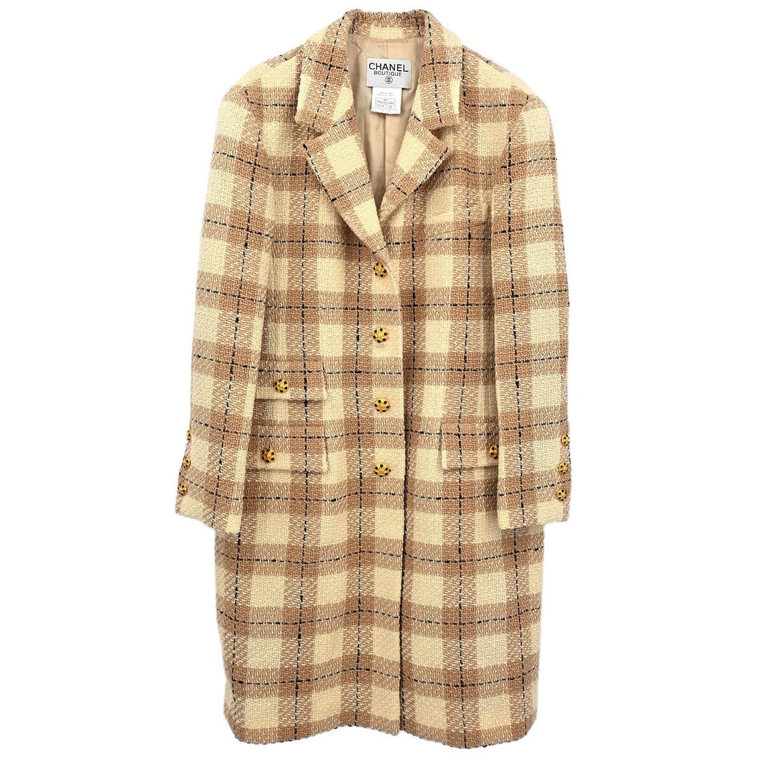 Vintage Chanel Beige Wool Alpaca Long Coat Size 44: Vintage Chanel Beige Wool Alpaca Long Coat Size 44 Vintage Chanel long coat in beige with brown and black plaid detailing. This women's coat features a collared neckline, long sleeves, button closure,