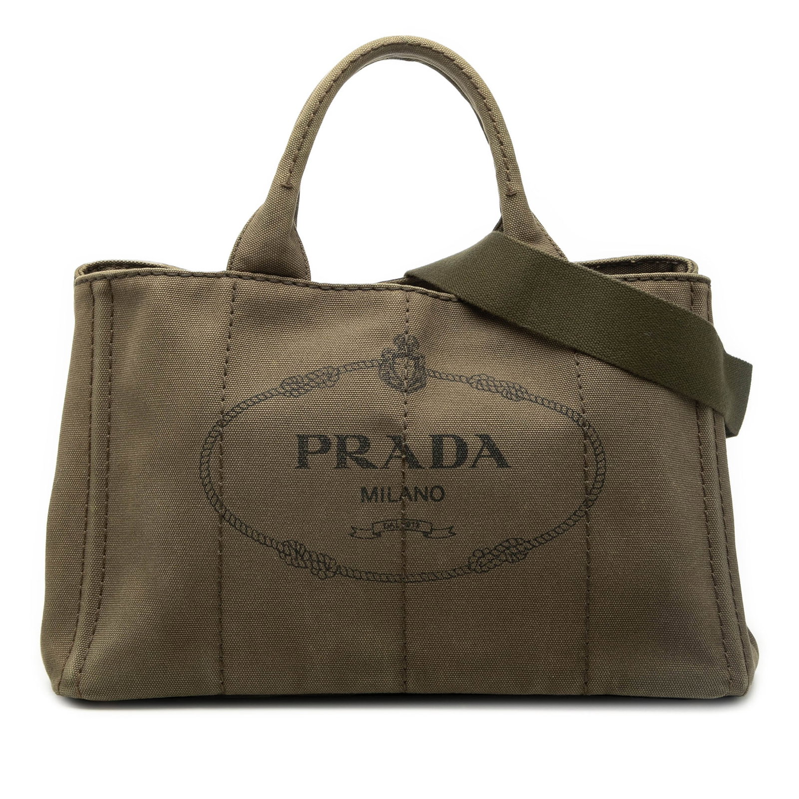 Prada Canapa Logo Canvas Satchel Tote with Detachable Strap: Prada Canapa Logo Canvas Satchel Tote with Detachable Strap Prada Canvas Canapa Logo Tote in brown fabric with rolled top handles, a detachable flat strap, and an open top with side snap closures. The