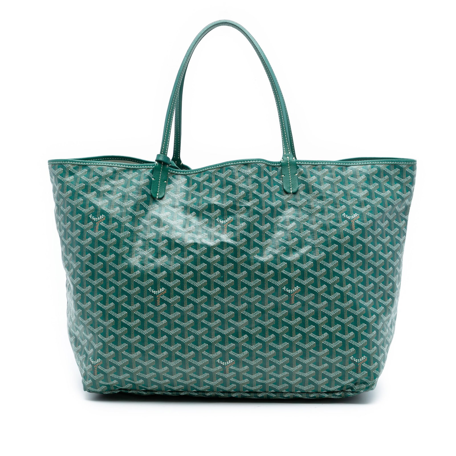 Goyard Saint Louis GM Green Coated Canvas Tote with Leather Trim: Goyard Saint Louis GM Green Coated Canvas Tote with Leather Trim This Goyardine Saint Louis GM features a coated canvas body with leather trim, flat leather handles, and an open top. The bag is presen