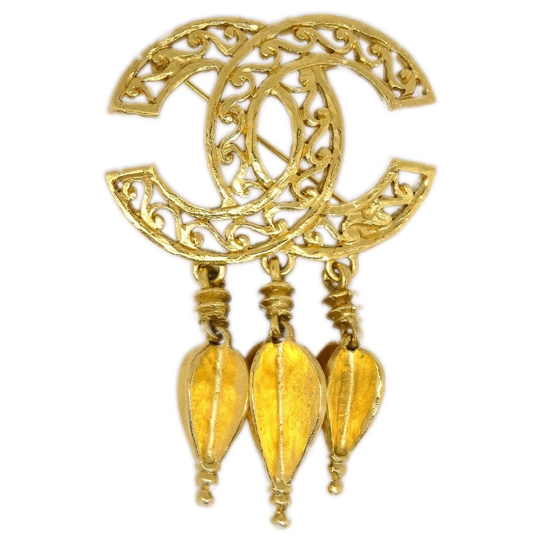 Chanel 95A Gold Tone Fringe Pin Brooch: Chanel 95A Gold Tone Fringe Pin Brooch Chanel fringe brooch pin in gold-tone metal with a dangling fringe design. Made in France, this pin is marked 95A and comes with its box. Condition is very good.