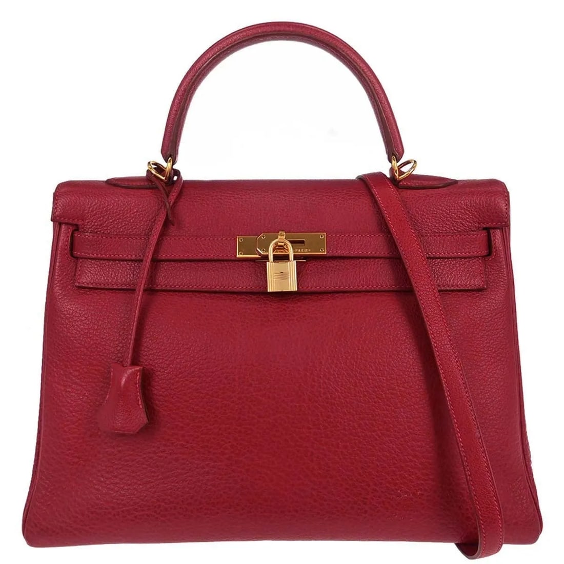 Hermes Kelly Red Leather Purse with Gold Tone Accents 36cm: Hermes Kelly Red Leather Purse with Gold Tone Accents 36cm This Hermes Kelly handbag features red Clemence leather and gold hardware. Designed for women, it offers a spacious interior with dimensions 