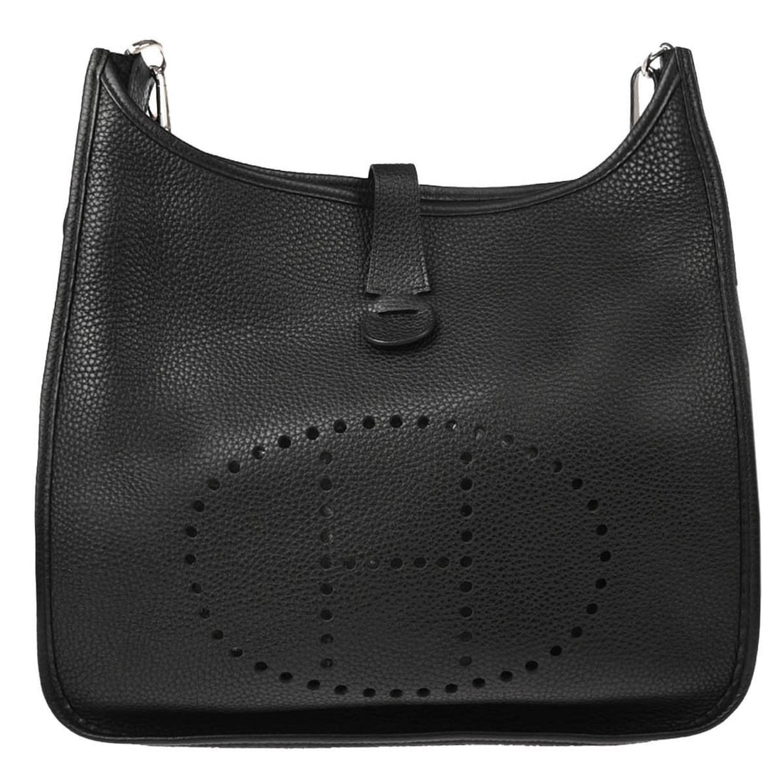 Hermes Evelyne Gen III GM Black Taurillon Clemence Shoulder Bag: Hermes Evelyne Gen III GM Black Taurillon Clemence Shoulder Bag Hermes Evelyne 3 GM shoulder bag in black Taurillon Clemence leather. This women's shoulder bag features a snap closure, logo accent, on
