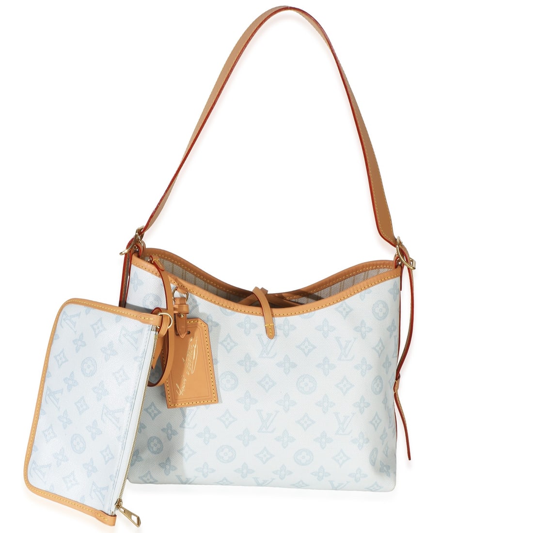 Louis Vuitton CarryAll PM Shoulder Bag Blue Monogram Canvas Box Pochette: Louis Vuitton CarryAll PM Shoulder Bag Blue Monogram Canvas Box Pochette Pre-owned Louis Vuitton CarryAll PM shoulder bag in Bleu Courrier Origine Monogram canvas. This unisex design features a magnet
