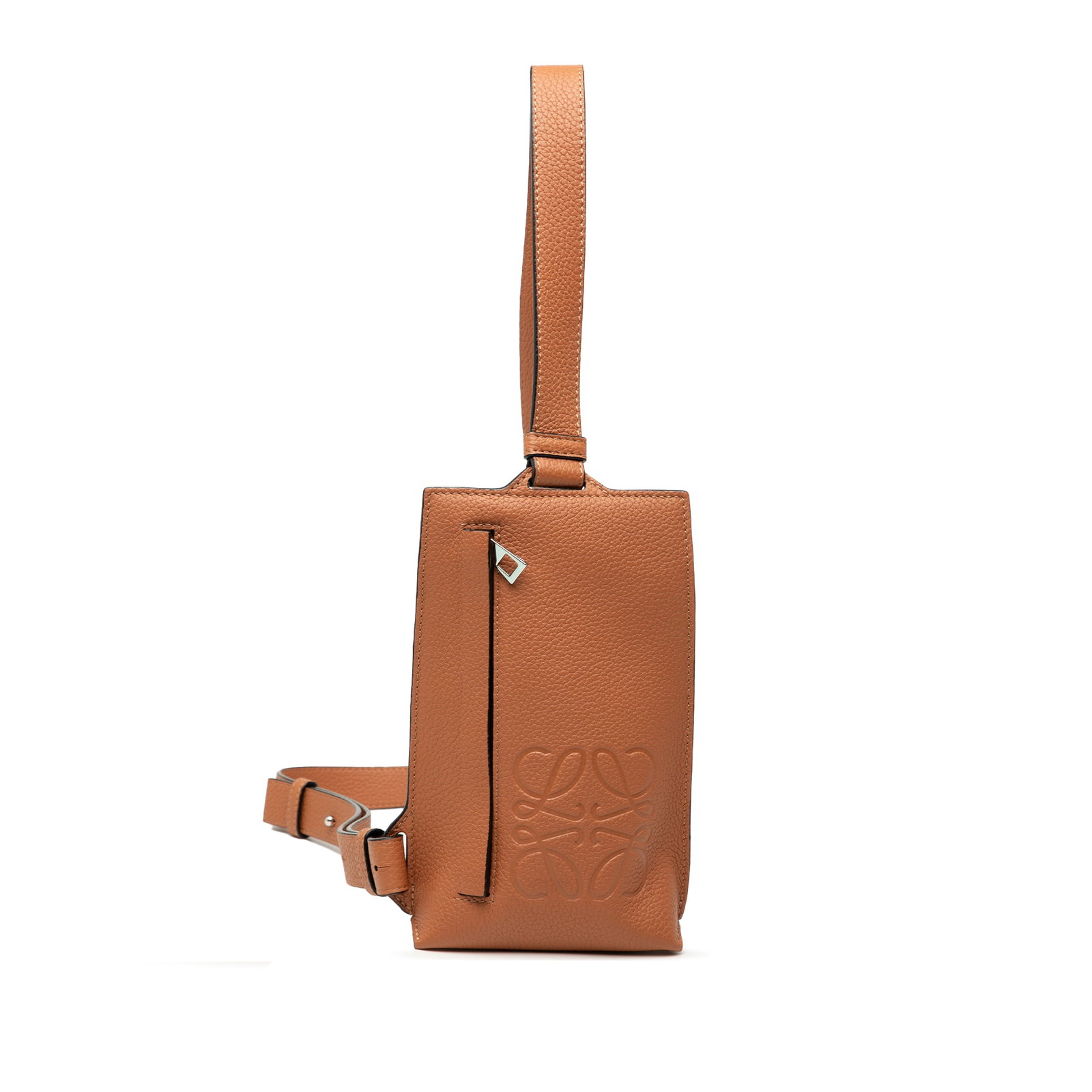 LOEWE Soft Grained Calfskin Vertical T Pocket Crossbody Bag Brown: LOEWE Soft Grained Calfskin Vertical T Pocket Crossbody Bag Brown Introducing the LOEWE Soft Grained Calfskin Vertical T Pocket Crossbody, an elegant accessory crafted from high-quality leather. This 
