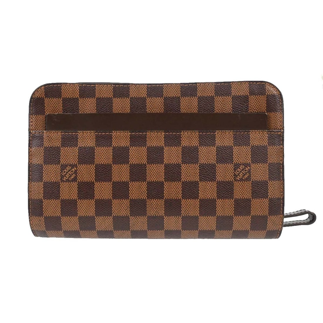 Louis Vuitton Orsay clutch Damier Ebene canvas brown N51993: Louis Vuitton Orsay clutch Damier Ebene canvas brown N51993 Vintage Louis Vuitton Saint Louis clutch in Damier Ebene with brown leather trim and a zip closure. The interior is lined in brown leather a