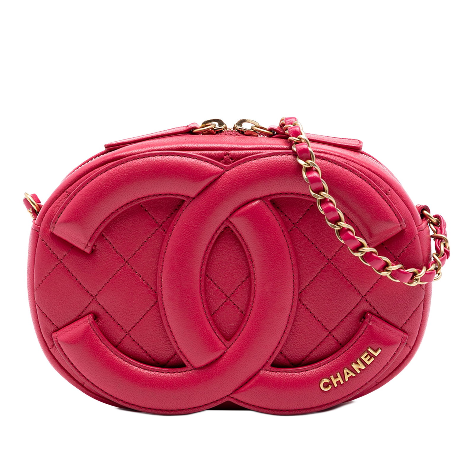 Chanel pink quilted lambskin crossbody camera bag: Chanel pink quilted lambskin crossbody camera bag This Chanel Lambskin Coco Midnight Camera Bag is crafted in Italy from quilted lambskin leather in a pink hue. The crossbody design features a leather
