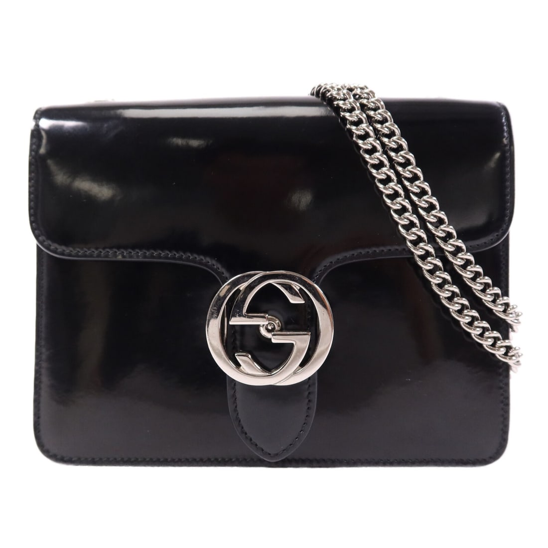 Gucci Interlocking Small Black Leather Shoulder Bag Silver Hardware: Gucci Interlocking Small Black Leather Shoulder Bag Silver Hardware This GUCCI GG Interlocking Small Shoulder Bag is crafted from black leather and features silver-tone hardware. Designed with a compa