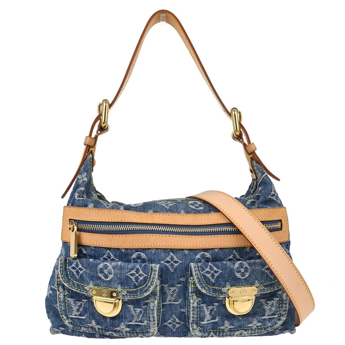 Louis Vuitton Baggy PM Blue Monogram Denim Shoulder Bag M95049: Louis Vuitton Baggy PM Blue Monogram Denim Shoulder Bag M95049 Vintage Louis Vuitton Baggy PM shoulder bag in blue Monogram denim with leather trim. This women's medium bag features a zip closure, adj