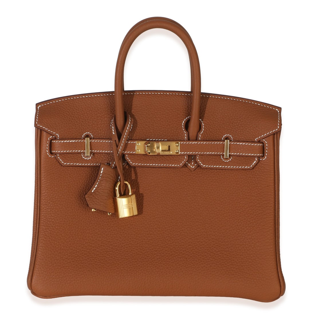 Hermes Birkin 25 Gold Togo Leather Top Handle Bag: Hermes Birkin 25 Gold Togo Leather Top Handle Bag This Hermes Birkin 25 handbag is crafted from brown Togo leather and features gold-tone hardware. It has a top handle design with a turnlock closure a