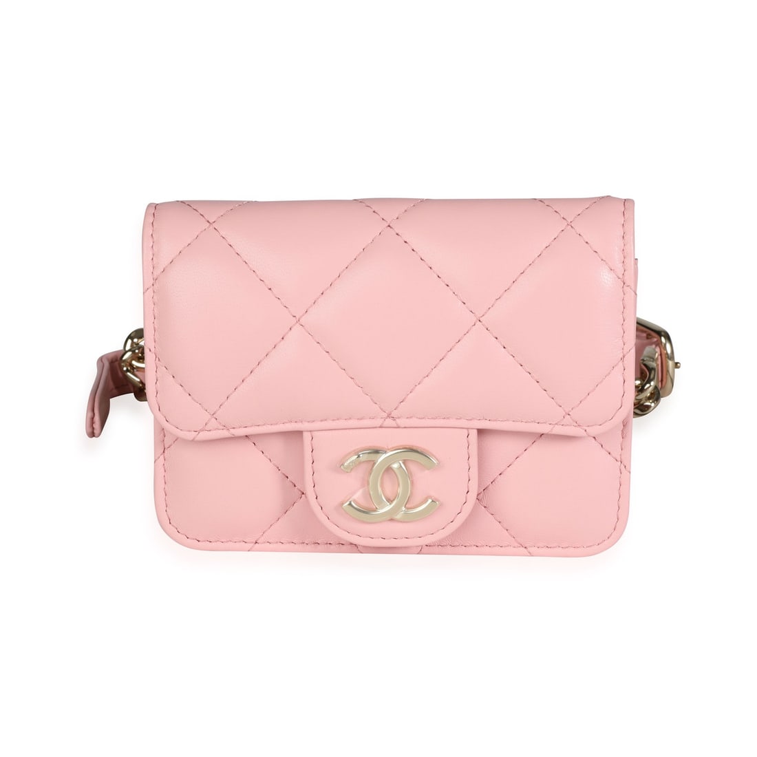 Chanel Elegant Chain Belt Bag Pink Lambskin Mini: Chanel Elegant Chain Belt Bag Pink Lambskin Mini This Chanel Elegant Chain Mini Belt Bag features a pink quilted lambskin leather exterior and gold-tone hardware, offering a sophisticated and versatil