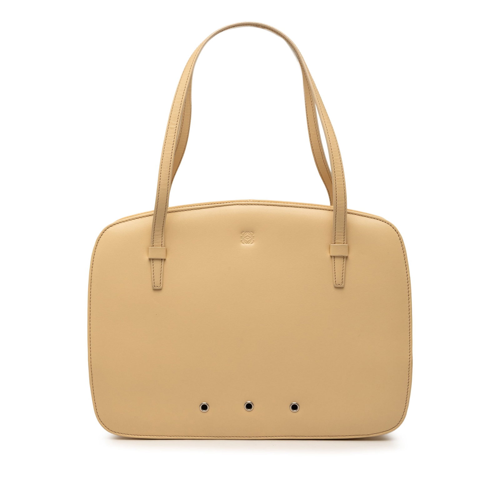 LOEWE beige leather zip tote with anagram detail: LOEWE beige leather zip tote with anagram detail This LOEWE Leather Anagram Handbag is crafted from beige leather and features flat leather handles, a top zip closure, and both interior zip and slip p