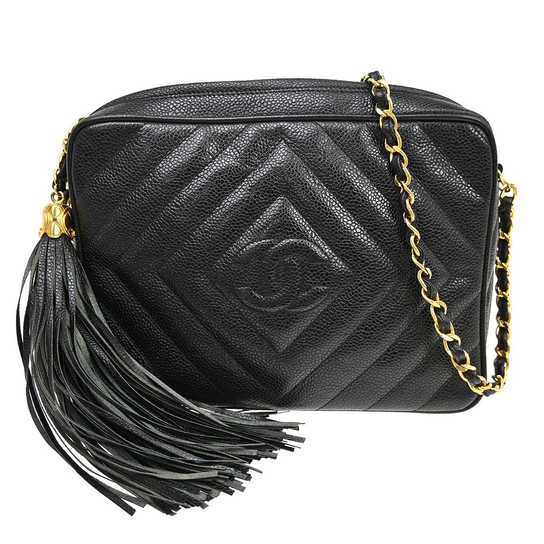 CHANEL Mademoiselle camera shoulder bag in black caviar leather: CHANEL Mademoiselle camera shoulder bag in black caviar leather Chanel camera bag in black caviar skin leather with a zip closure, chain crossbody strap, black leather lining, and fringe accent. The b