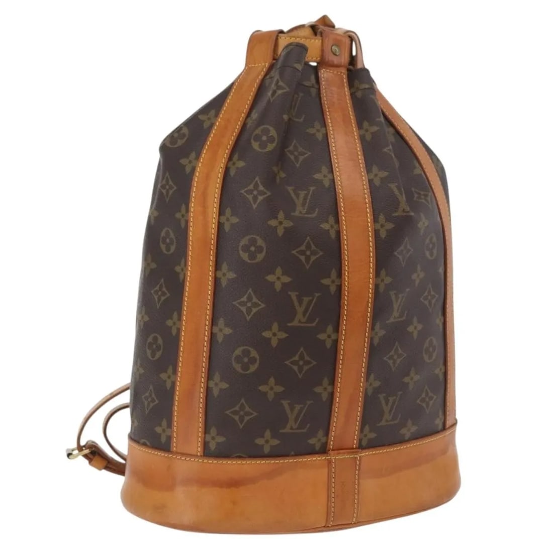 Louis Vuitton Randonnee Brown Monogram Canvas Backpack: Louis Vuitton Randonnee Brown Monogram Canvas Backpack This Louis Vuitton Randonnee Backpack features the iconic Monogram Canvas in brown, designed for unisex use. The bag shows signs of wear consiste