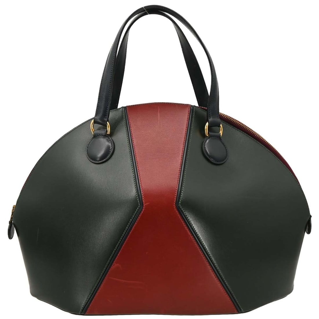 Hermes Il de Veau Large Box Calf Leather Handbag Bordeaux: Hermes Il de Veau Large Box Calf Leather Handbag Bordeaux Hermes Il de Veau handbag in Box Calf leather with a Vert Fonce, Rouge H, and Blue Indigo color combination. This large women's handbag featur